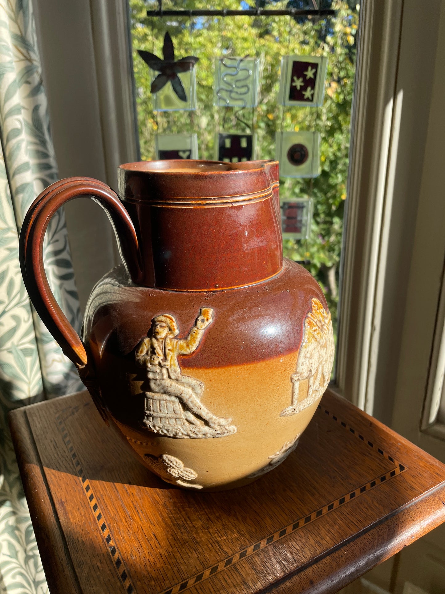 Antique Royal Doulton Lambeth Salt Glaze Jug – c.1910 Stoneware Tavern Scene Relief, Two Tone Brown & Tan Pottery Pitcher 21cm