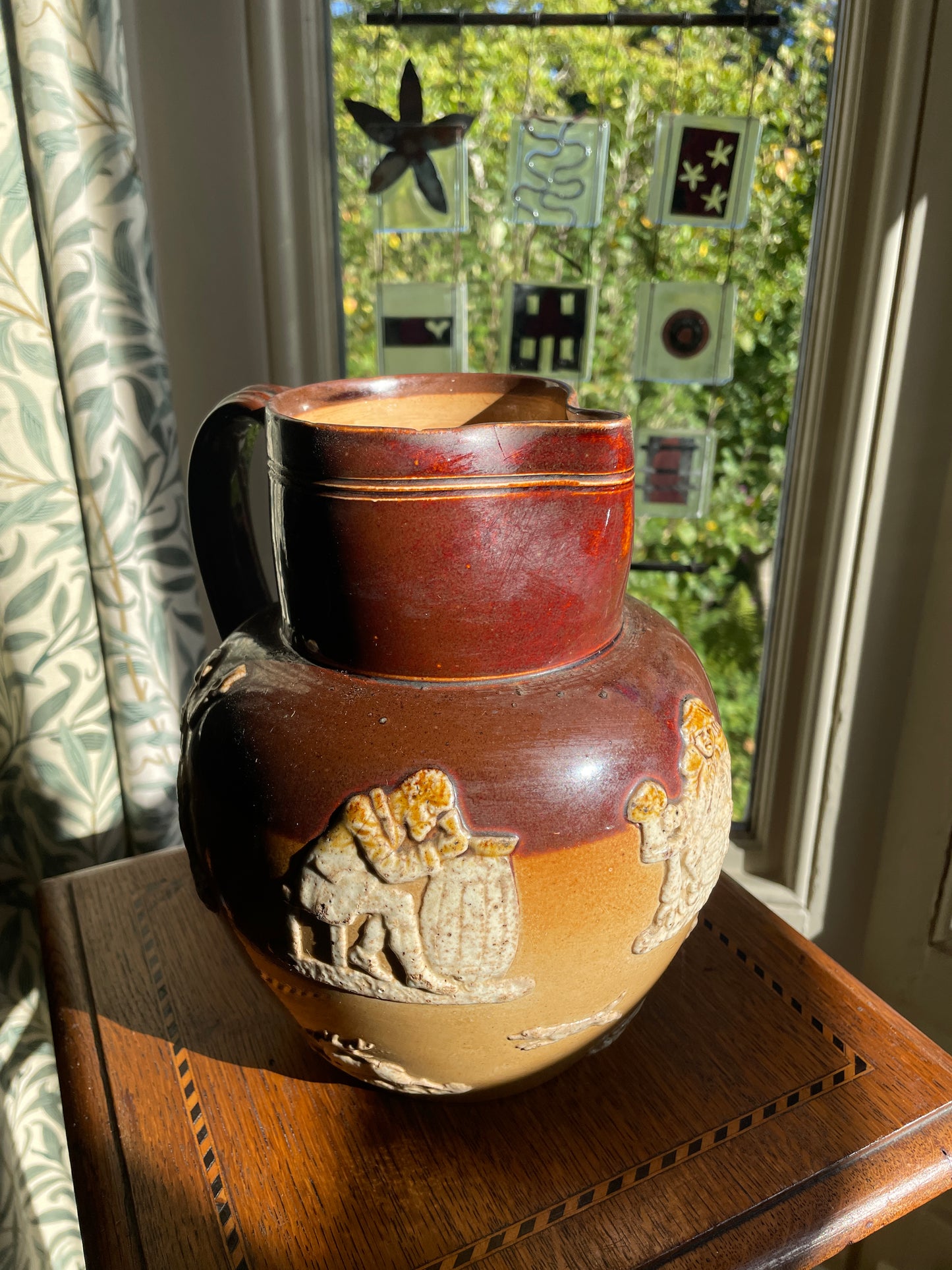 Antique Royal Doulton Lambeth Salt Glaze Jug – c.1910 Stoneware Tavern Scene Relief, Two Tone Brown & Tan Pottery Pitcher 21cm
