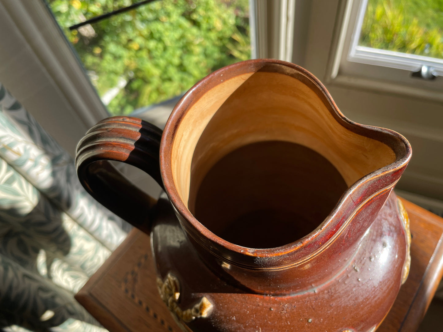 Antique Royal Doulton Lambeth Salt Glaze Jug – c.1910 Stoneware Tavern Scene Relief, Two Tone Brown & Tan Pottery Pitcher 21cm