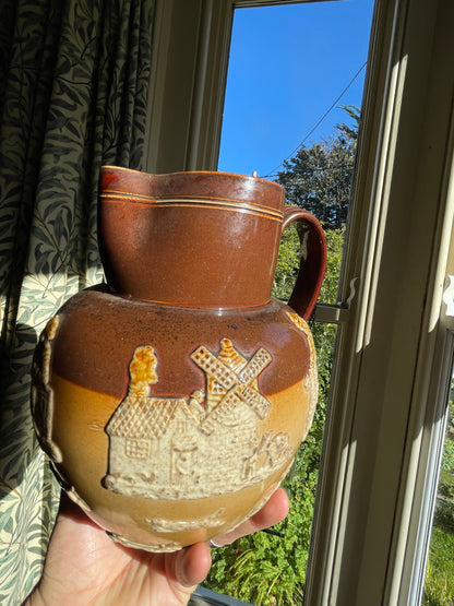 Antique Royal Doulton Lambeth Salt Glaze Jug – c.1910 Stoneware Tavern Scene Relief, Two Tone Brown & Tan Pottery Pitcher 21cm