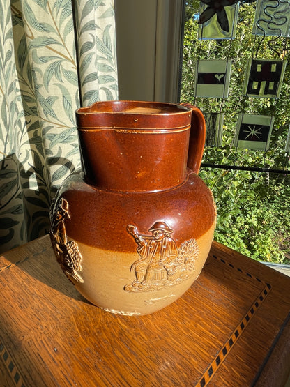 Antique Royal Doulton Lambeth Salt Glaze Jug – c.1910 Two Tone Stoneware Tavern Scene, Brown & Tan Relief Pottery Pitcher 17cm