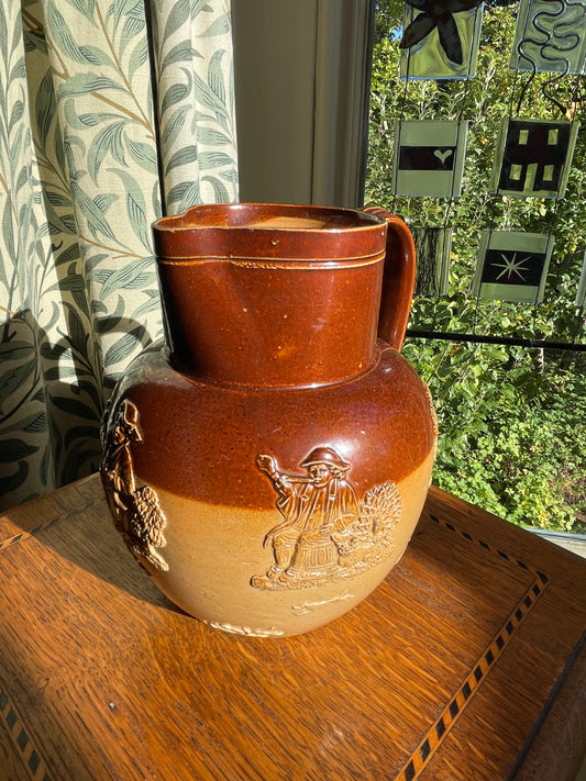 Antique Royal Doulton Lambeth Salt Glaze Jug – c.1910 Two Tone Stoneware Tavern Scene, Brown & Tan Relief Pottery Pitcher 17cm