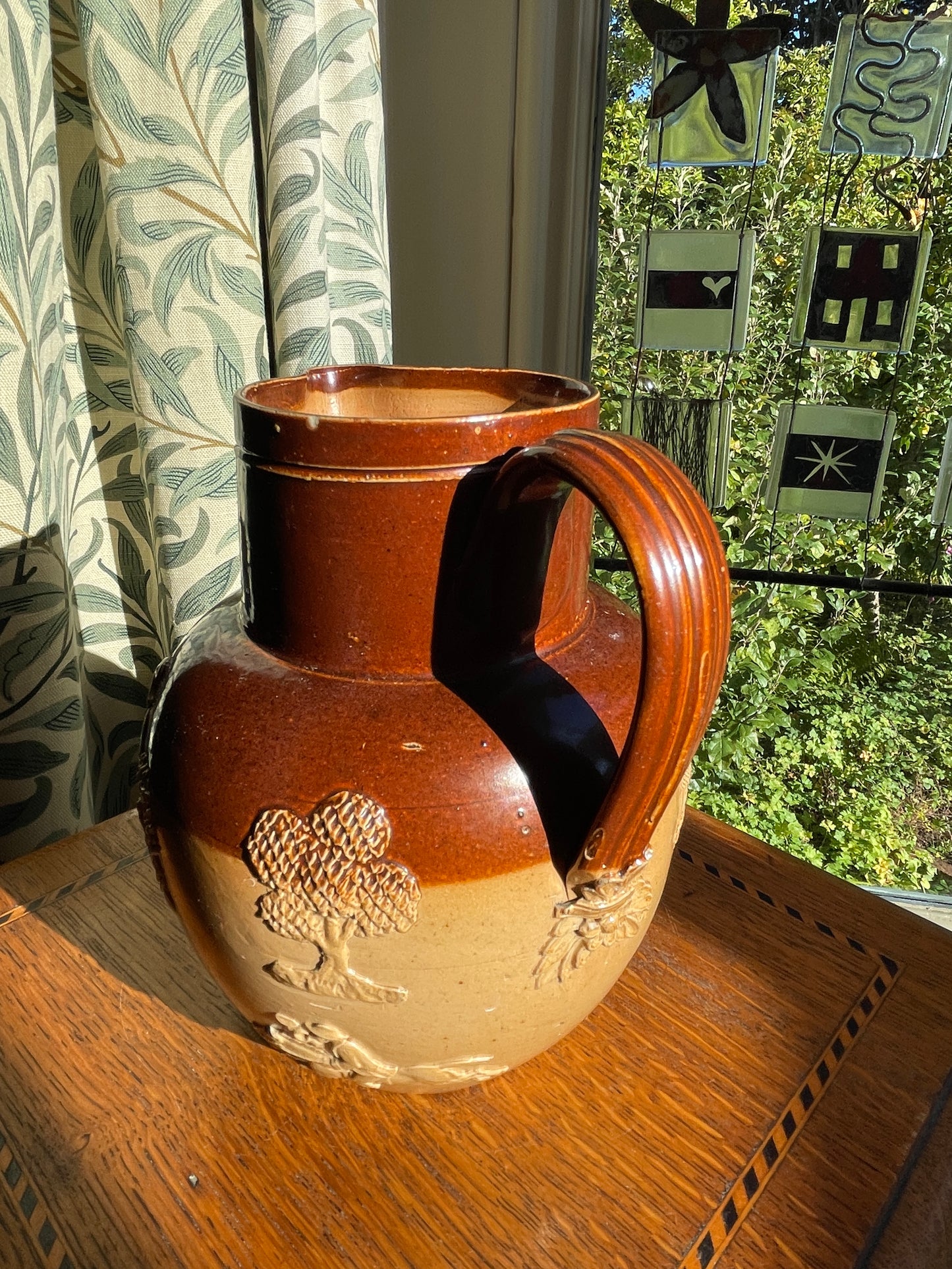 Antique Royal Doulton Lambeth Salt Glaze Jug – c.1910 Two Tone Stoneware Tavern Scene, Brown & Tan Relief Pottery Pitcher 17cm