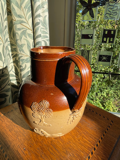 Antique Royal Doulton Lambeth Salt Glaze Jug – c.1910 Two Tone Stoneware Tavern Scene, Brown & Tan Relief Pottery Pitcher 17cm