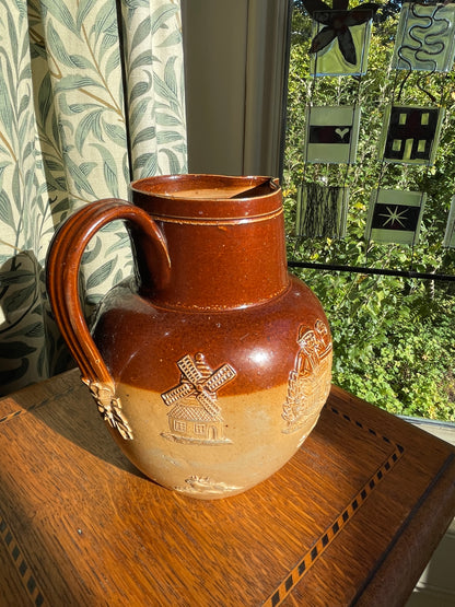Antique Royal Doulton Lambeth Salt Glaze Jug – c.1910 Two Tone Stoneware Tavern Scene, Brown & Tan Relief Pottery Pitcher 17cm