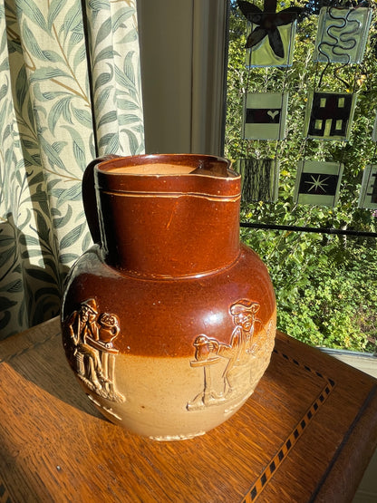 Antique Royal Doulton Lambeth Salt Glaze Jug – c.1910 Two Tone Stoneware Tavern Scene, Brown & Tan Relief Pottery Pitcher 17cm