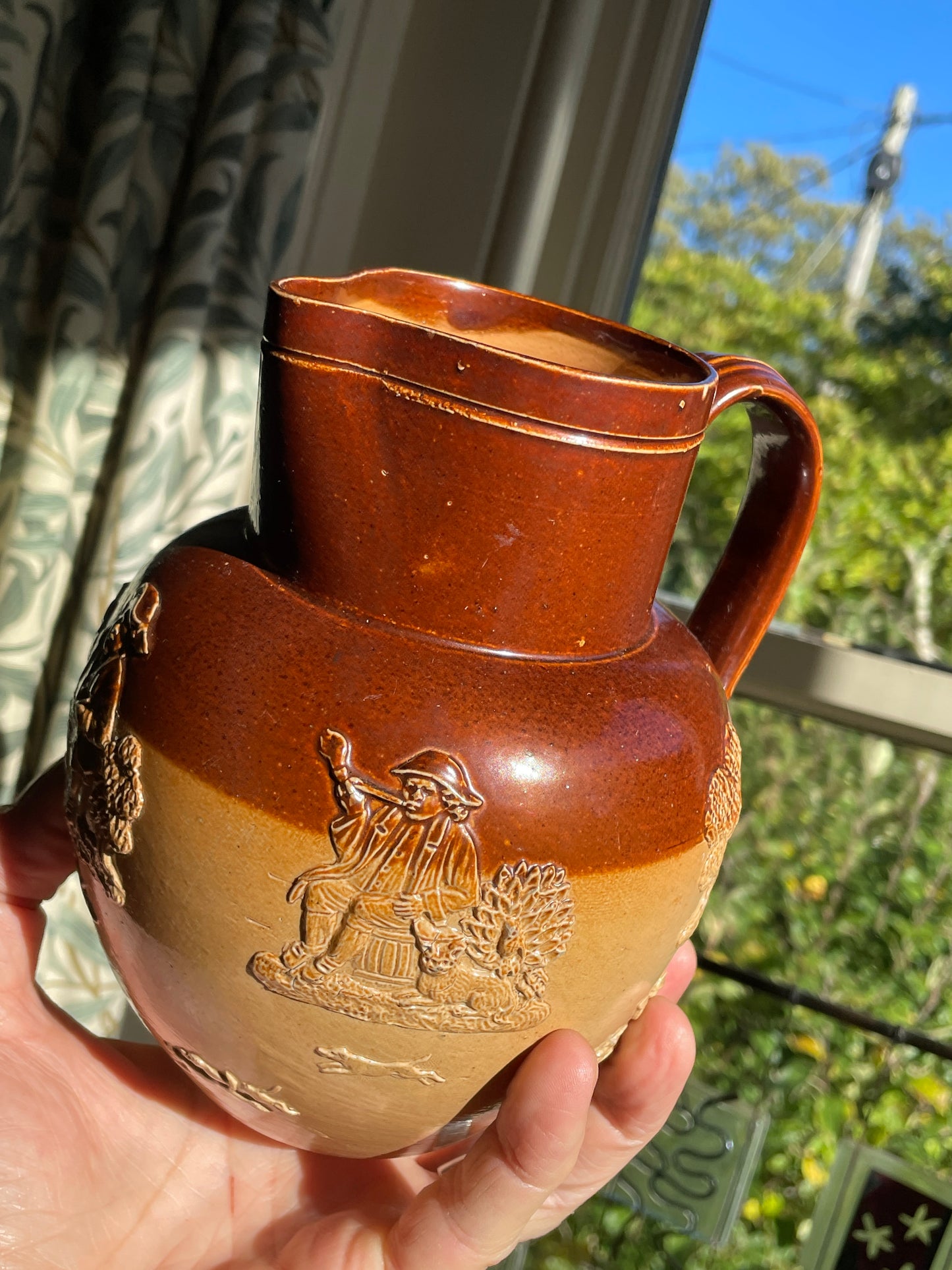 Antique Royal Doulton Lambeth Salt Glaze Jug – c.1910 Two Tone Stoneware Tavern Scene, Brown & Tan Relief Pottery Pitcher 17cm