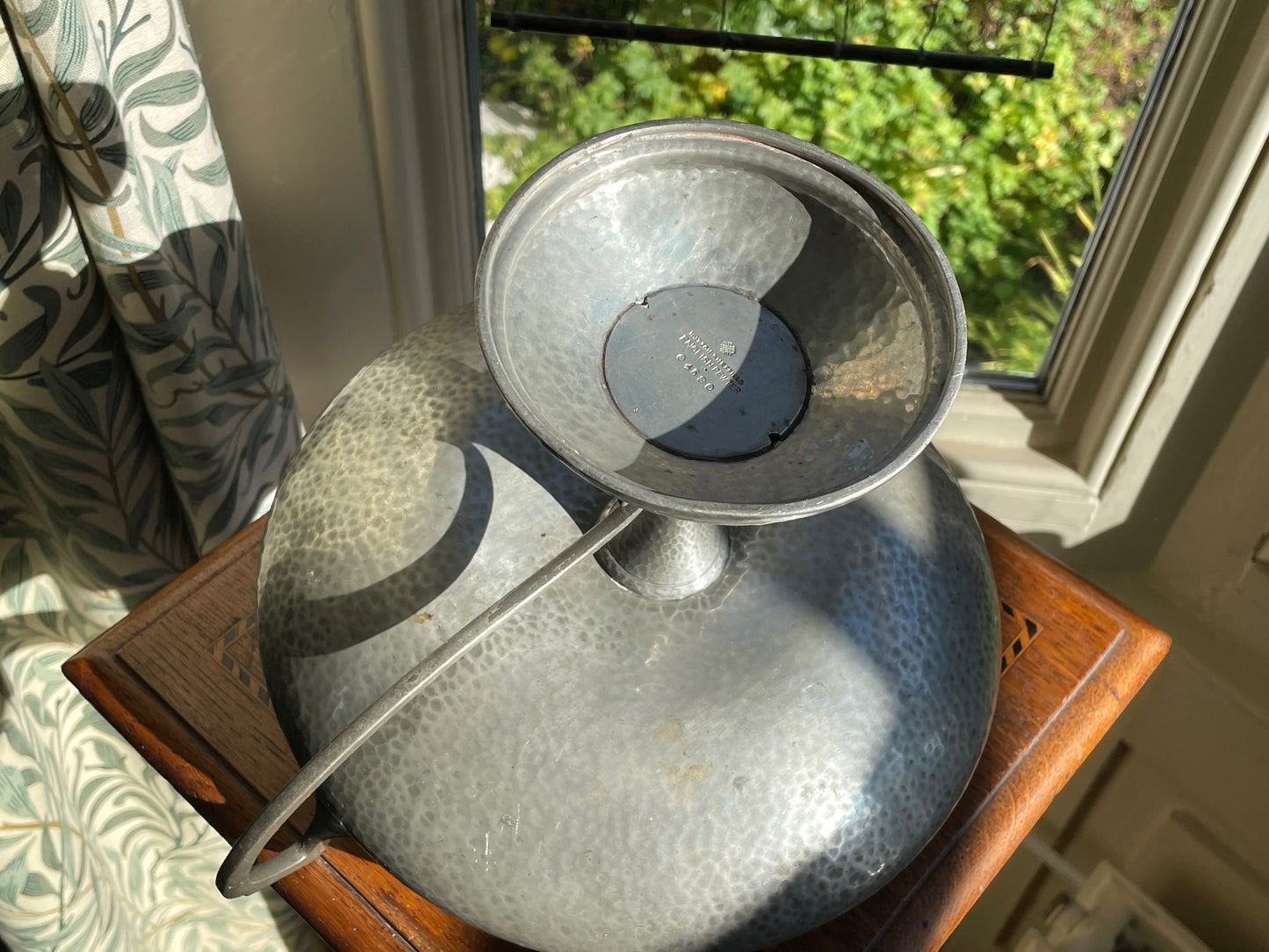 Arts & Crafts Hammered Pewter Comport by Hutton Sheffield c.1920 – English Pewter Tazza Bowl with Geometric Handles, 31cm