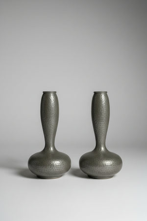 Pair of Unity Pewter Vases – English Make, Hand-Hammered Arts & Crafts Pewter, Shamrock Mark c.1920 (20 cm)