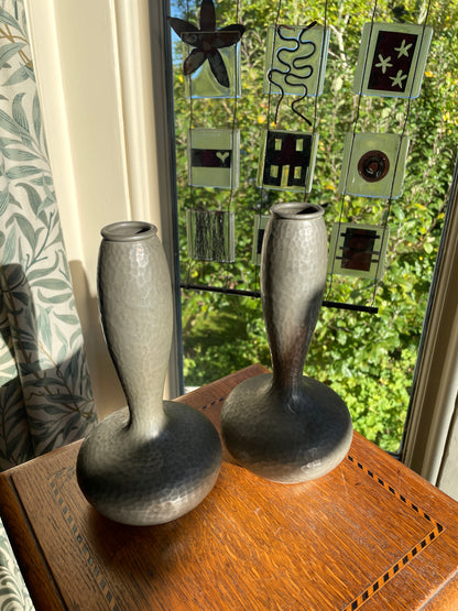 Pair of Unity Pewter Vases – English Make, Hand-Hammered Arts & Crafts Pewter, Shamrock Mark c.1920 (20 cm)