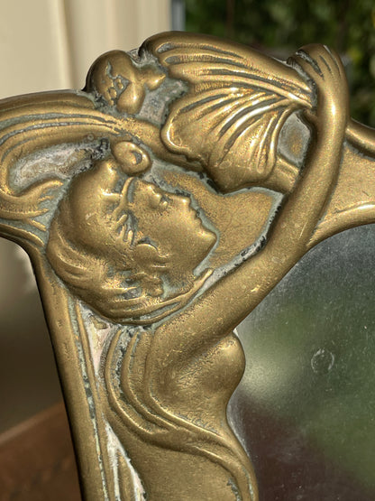 Vintage Art Nouveau Style Brass Photo Frame – 21cm Woman and Floral Design Picture Frame, Mid-Century Revival Brass Frame