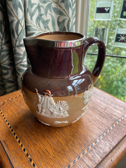 Antique Doulton Lambeth Stoneware Jug with Silver Rim – 1899 Birmingham Hallmark, 15cm Harvest Scene Relief Jug, Reg No. 4883