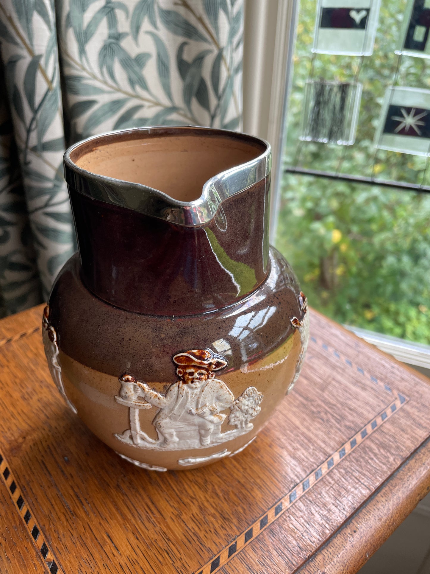Antique Doulton Lambeth Stoneware Jug with Silver Rim – 1899 Birmingham Hallmark, 15cm Harvest Scene Relief Jug, Reg No. 4883