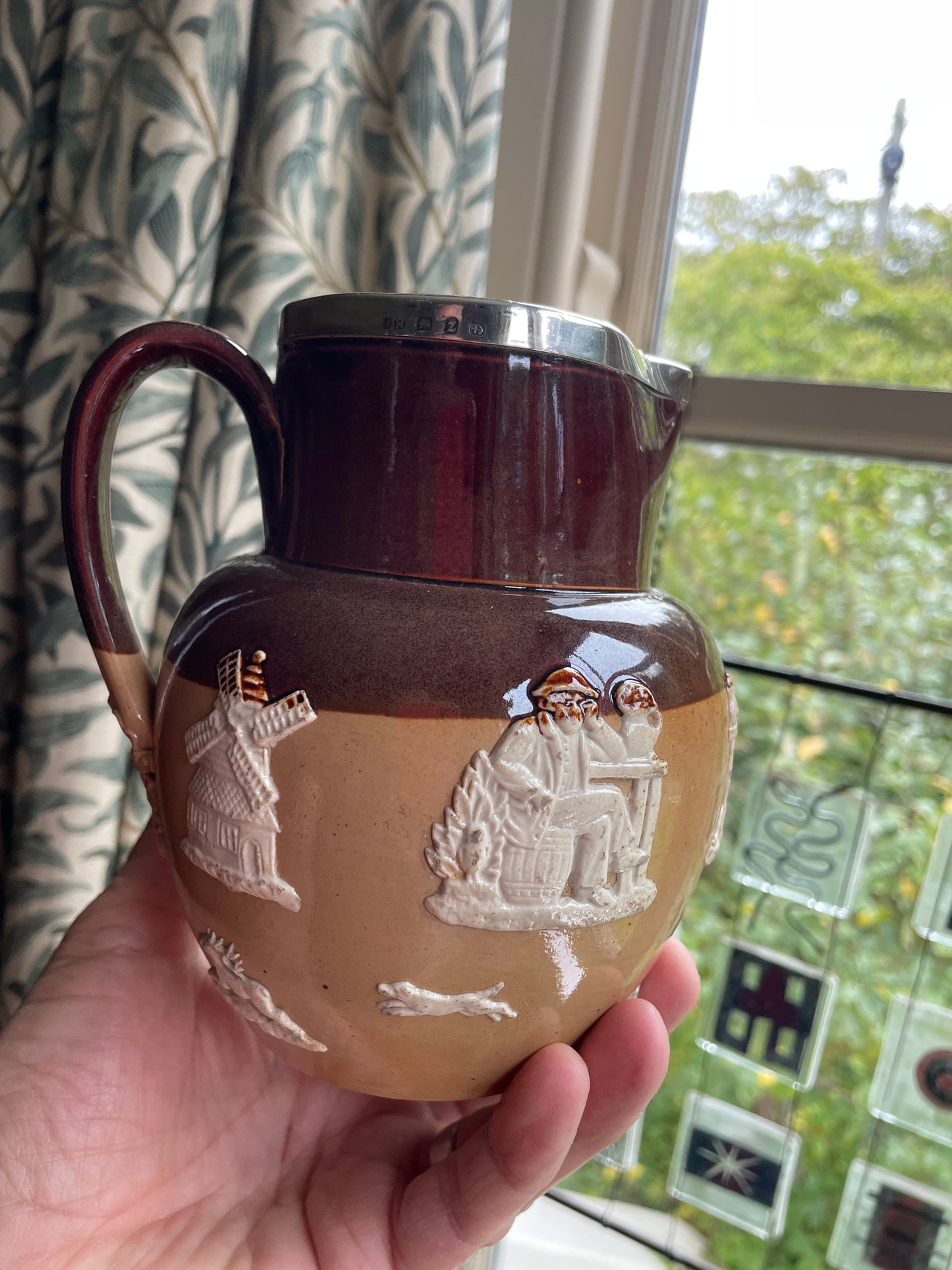Antique Doulton Lambeth Stoneware Jug with Silver Rim – 1899 Birmingham Hallmark, 15cm Harvest Scene Relief Jug, Reg No. 4883