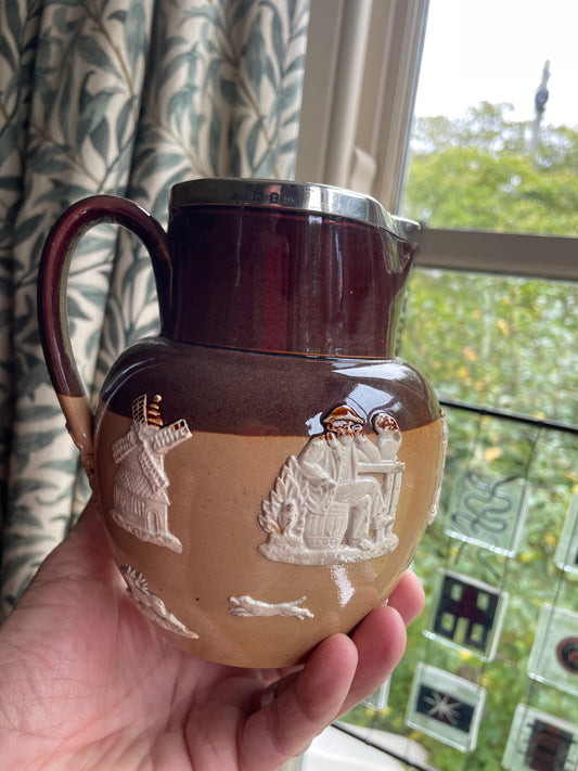 Antique Doulton Lambeth Stoneware Jug with Silver Rim – 1899 Birmingham Hallmark, 15cm Harvest Scene Relief Jug, Reg No. 4883