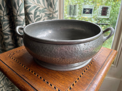 Antique Unity Pewter Arts and Crafts Bowl – Hand-Hammered Twin-Handled English Pewter, Art Deco Design c.1920s, 27cm