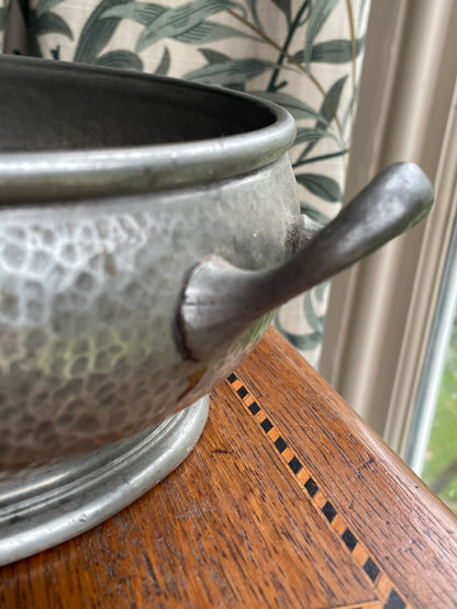 Antique Unity Pewter Arts and Crafts Bowl – Hand-Hammered Twin-Handled English Pewter, Art Deco Design c.1920s, 27cm
