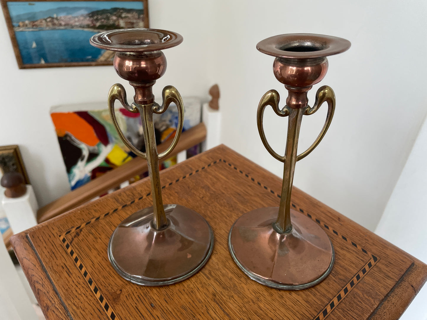 Pair of Antique Arts and Crafts Copper & Brass Candlesticks – Art Nouveau Design c.1900, English Handcrafted 18cm