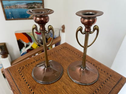 Pair of Antique Arts and Crafts Copper & Brass Candlesticks – Art Nouveau Design c.1900, English Handcrafted 18cm
