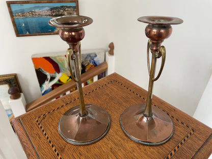 Pair of Antique Arts and Crafts Copper & Brass Candlesticks – Art Nouveau Design c.1900, English Handcrafted 18cm