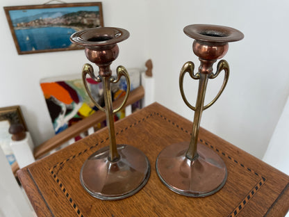Pair of Antique Arts and Crafts Copper & Brass Candlesticks – Art Nouveau Design c.1900, English Handcrafted 18cm
