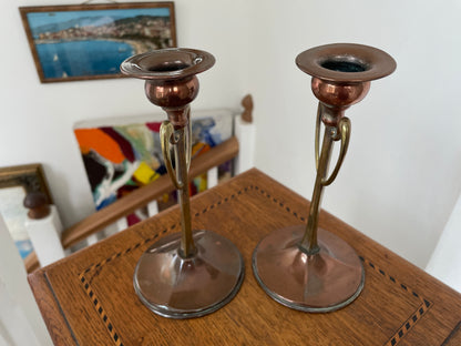 Pair of Antique Arts and Crafts Copper & Brass Candlesticks – Art Nouveau Design c.1900, English Handcrafted 18cm