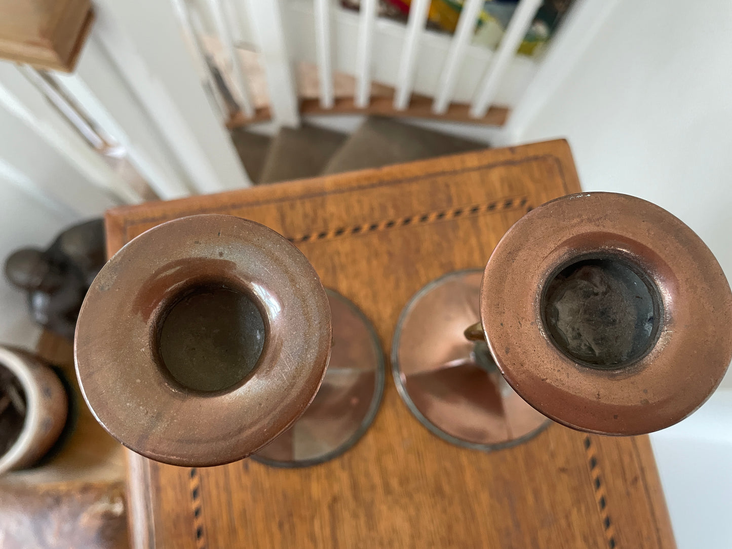 Pair of Antique Arts and Crafts Copper & Brass Candlesticks – Art Nouveau Design c.1900, English Handcrafted 18cm