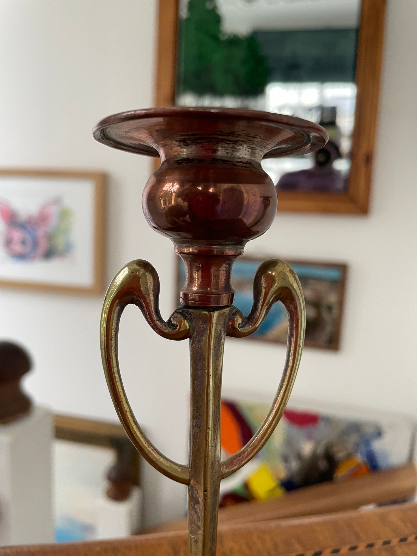 Pair of Antique Arts and Crafts Copper & Brass Candlesticks – Art Nouveau Design c.1900, English Handcrafted 18cm