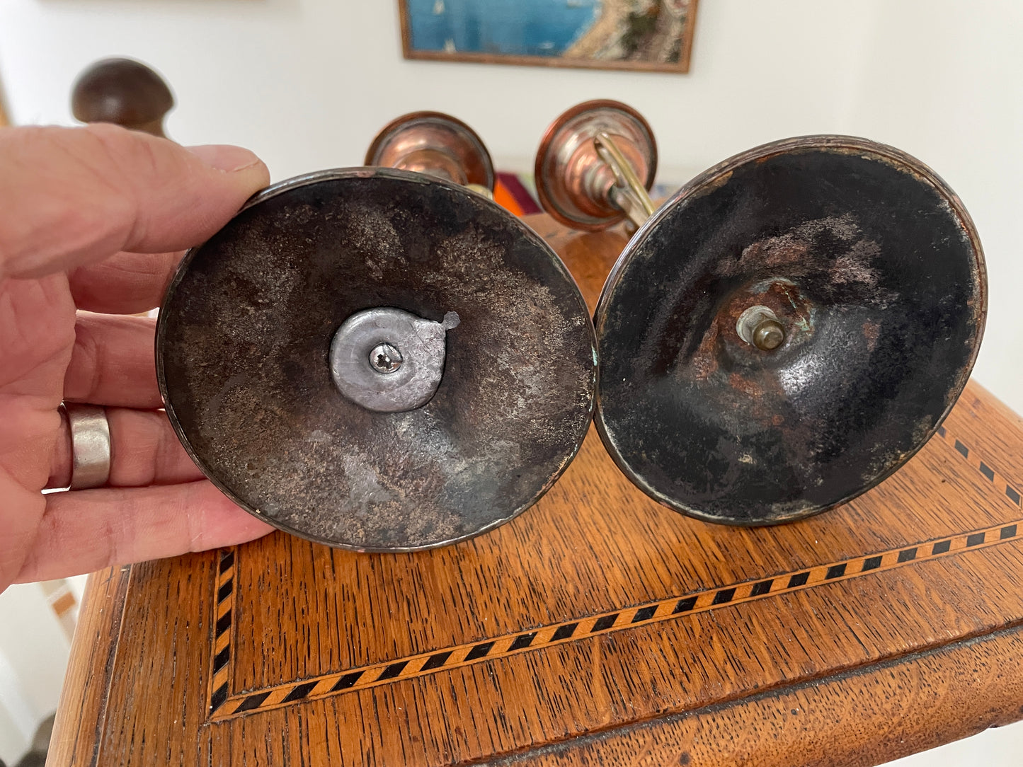Pair of Antique Arts and Crafts Copper & Brass Candlesticks – Art Nouveau Design c.1900, English Handcrafted 18cm