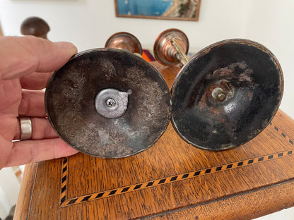 Pair of Antique Arts and Crafts Copper & Brass Candlesticks – Art Nouveau Design c.1900, English Handcrafted 18cm