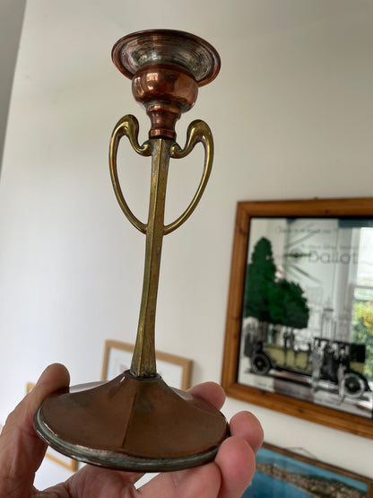 Pair of Antique Arts and Crafts Copper & Brass Candlesticks – Art Nouveau Design c.1900, English Handcrafted 18cm