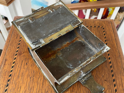 Antique Arts and Crafts Brass Money Box – Early 1900s Handcrafted Book Shaped Coin Bank with Hinged Lid, English Copper & Brass Design