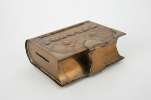 Antique Arts and Crafts Brass Money Box – Early 1900s Handcrafted Book Shaped Coin Bank with Hinged Lid, English Copper & Brass Design