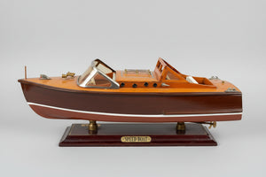 Vintage Wooden Model Speedboat on Stand – Handcrafted Mid Century Chris-Craft Style Motorboat, Varnished Display Boat with Brass Fittings