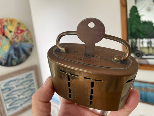Antique 1921 Brass “Home Safe” Money Box – British Locking Coin Bank with Key, Vintage Pre-Decimal Savings Tin, Patent No. 188,828
