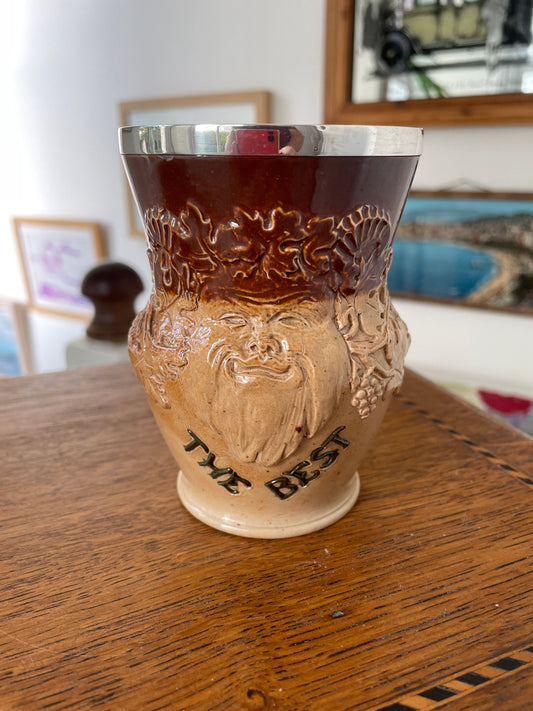 Vintage Doulton Lambeth Bacchus Beaker – 1932 London Sterling Silver Rim & Stoneware “The Best” Tavern Mug
