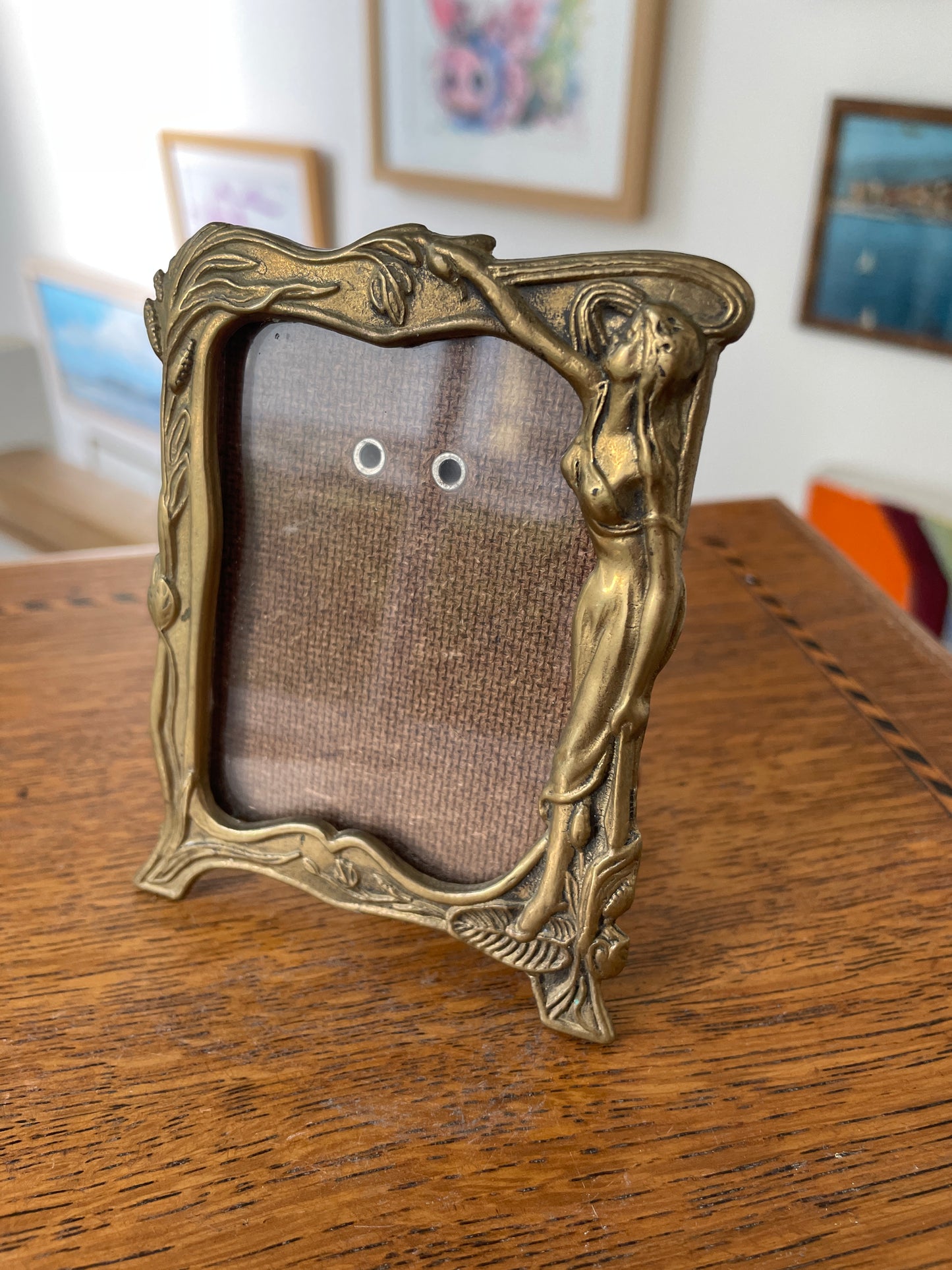 Vintage Brass Art Nouveau Picture Frame – 1950s Revival, Nude Lady Design with Red Velvet Back, 10x8cm