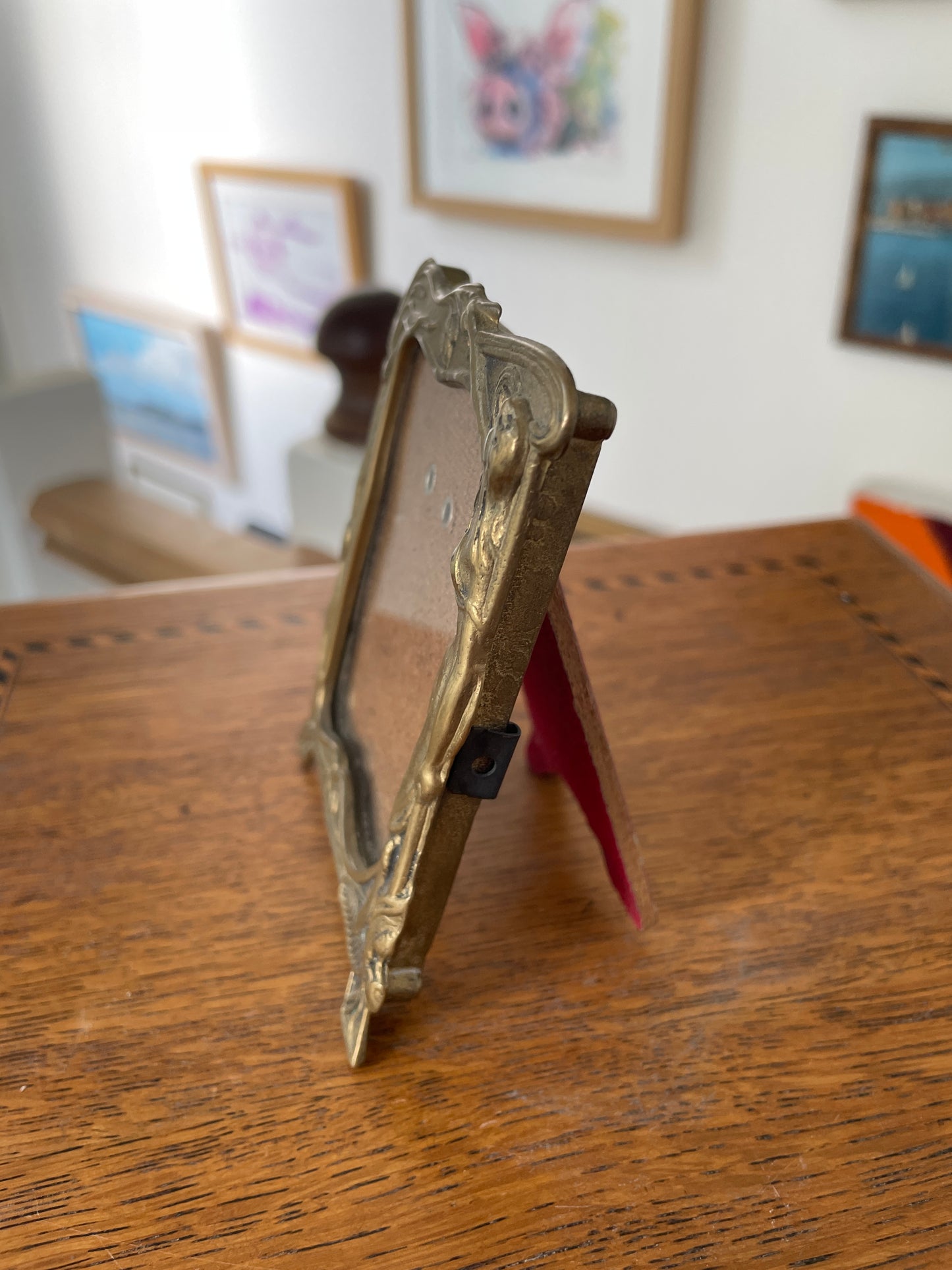 Vintage Brass Art Nouveau Picture Frame – 1950s Revival, Nude Lady Design with Red Velvet Back, 10x8cm