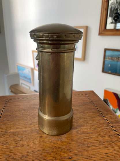 Vintage Brass Post Box Money Bank – Queen Elizabeth II ER Pillar Box, Made in England, 1950s–1970s