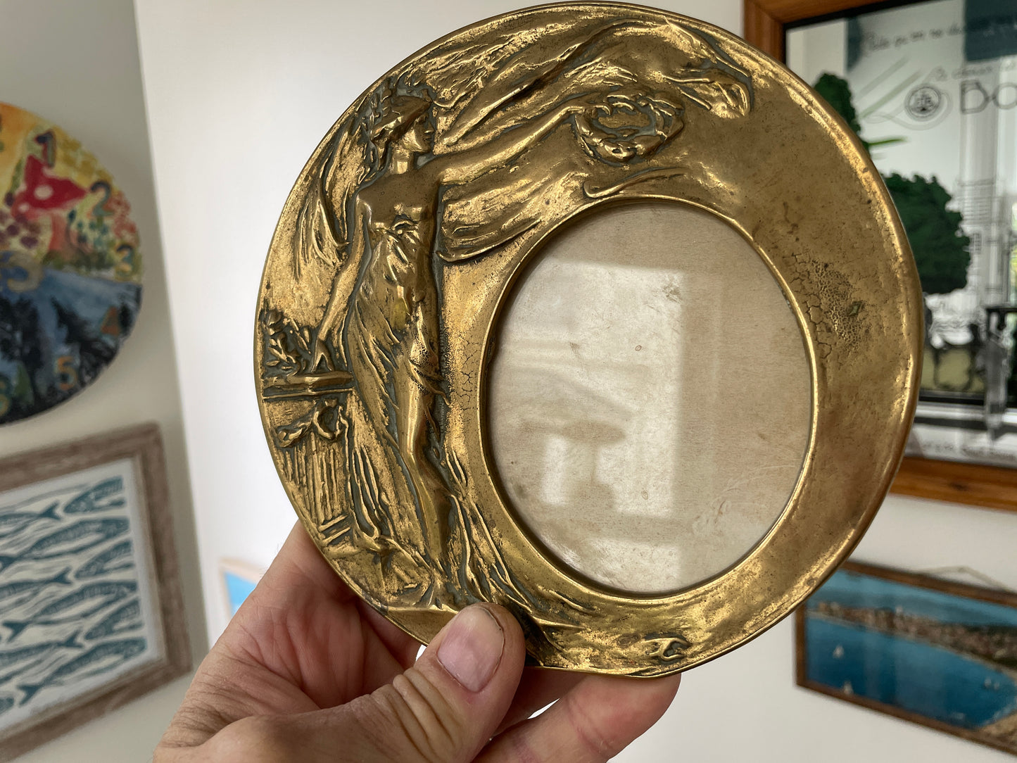 Antique Art Nouveau Brass Photo Frame c1900 – Figural Lady Design, Oval Aperture, Early 20th Century Gilded Picture Frame