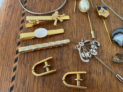 Vintage and Antique Jewellery Collection – Silver Bangles, Agate Brooch, Stick Pins Tie Bars Mid Century Art Deco Lot