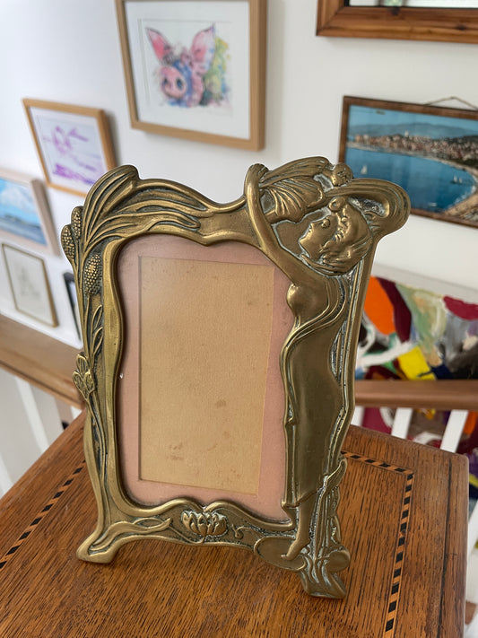 Antique Art Nouveau Brass Picture Frame c1900, Female Figure Design, Cast Metal Easel Photo Frame, Vintage Tabletop Decor Gift