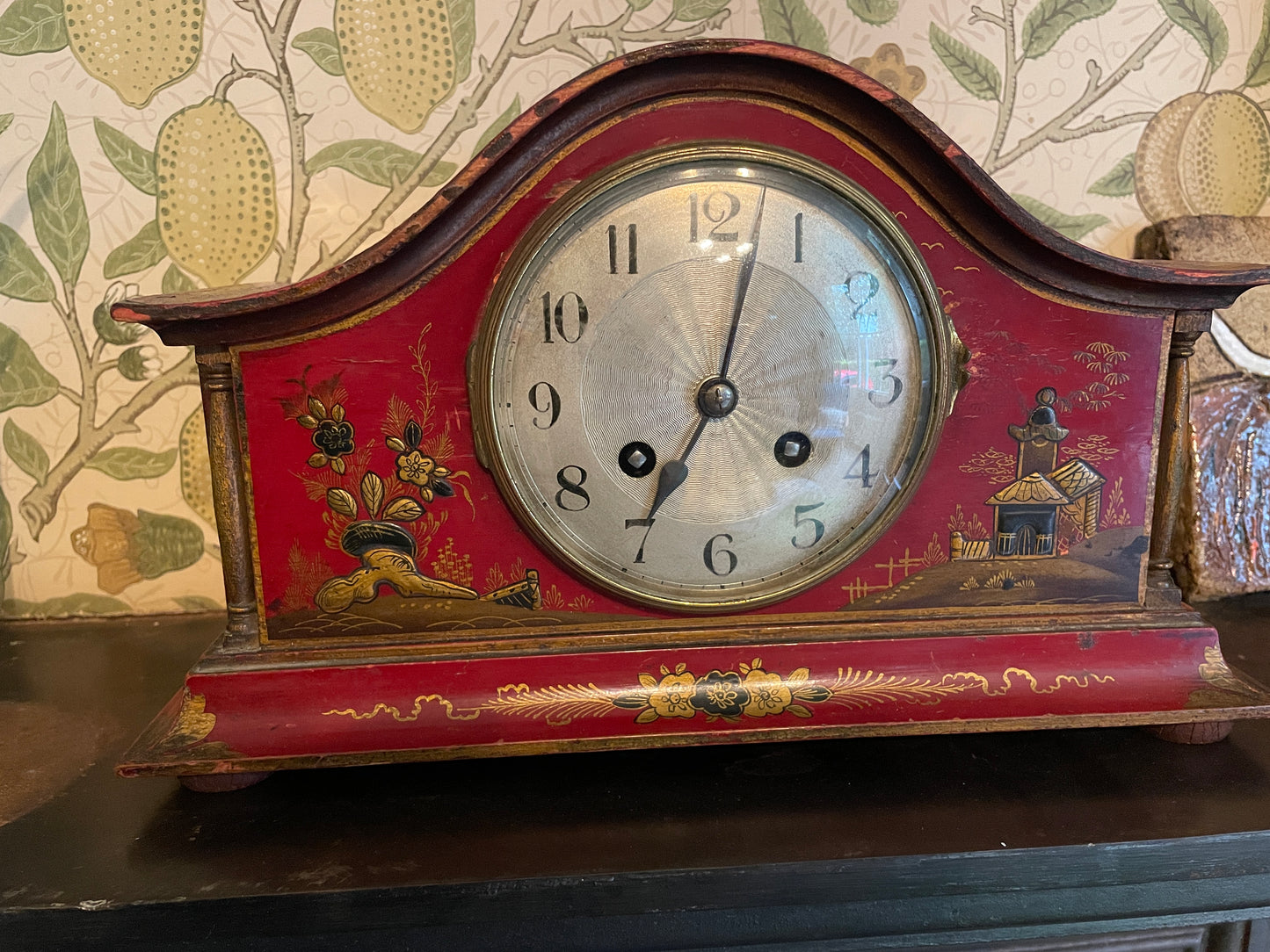 Antique Red Chinoiserie Mantel Clock, French Brass Movement c1900, Hand Painted Lacquer Case, Japy Freres Style, Decorative Vintage Clock