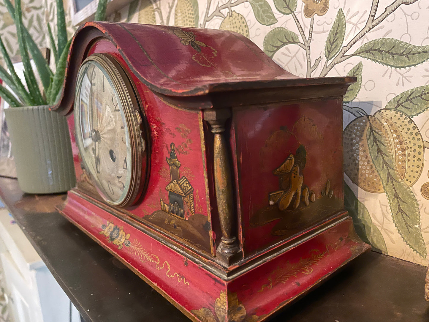 Antique Red Chinoiserie Mantel Clock, French Brass Movement c1900, Hand Painted Lacquer Case, Japy Freres Style, Decorative Vintage Clock