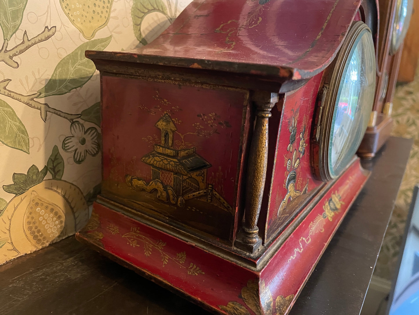 Antique Red Chinoiserie Mantel Clock, French Brass Movement c1900, Hand Painted Lacquer Case, Japy Freres Style, Decorative Vintage Clock