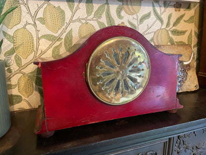 Antique Red Chinoiserie Mantel Clock, French Brass Movement c1900, Hand Painted Lacquer Case, Japy Freres Style, Decorative Vintage Clock