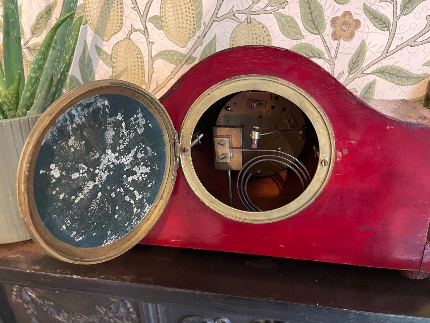 Antique Red Chinoiserie Mantel Clock, French Brass Movement c1900, Hand Painted Lacquer Case, Japy Freres Style, Decorative Vintage Clock