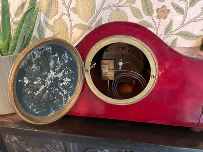 Antique Red Chinoiserie Mantel Clock, French Brass Movement c1900, Hand Painted Lacquer Case, Japy Freres Style, Decorative Vintage Clock