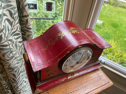 Antique Red Chinoiserie Mantel Clock, French Brass Movement c1900, Hand Painted Lacquer Case, Japy Freres Style, Decorative Vintage Clock