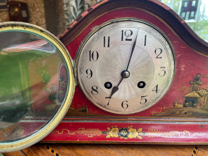 Antique Red Chinoiserie Mantel Clock, French Brass Movement c1900, Hand Painted Lacquer Case, Japy Freres Style, Decorative Vintage Clock